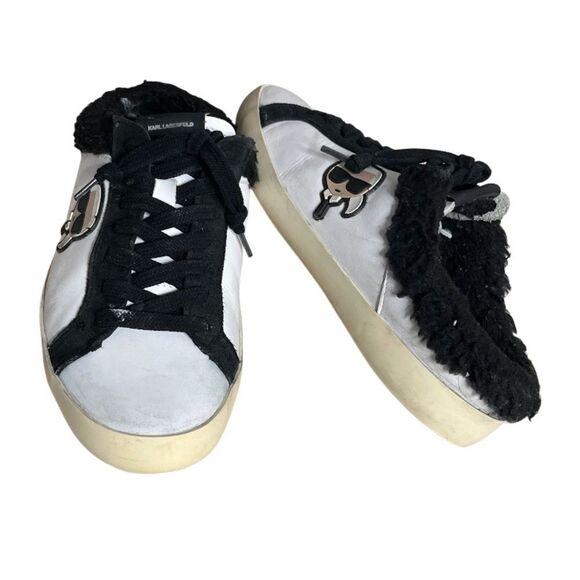 KARL LAGERFELD Slip On Sneakers Mules White Black Sherpa Edge Lace Up Size 8.5 - Picture 8 of 8